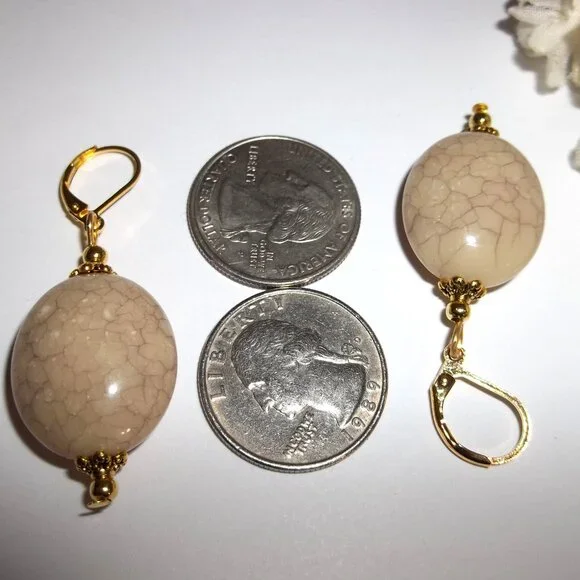 Tan Statement Earrings Gold Dangle Drop Beaded Jewelry Gift Set Woman Oval C763 - Picture 3 of 6